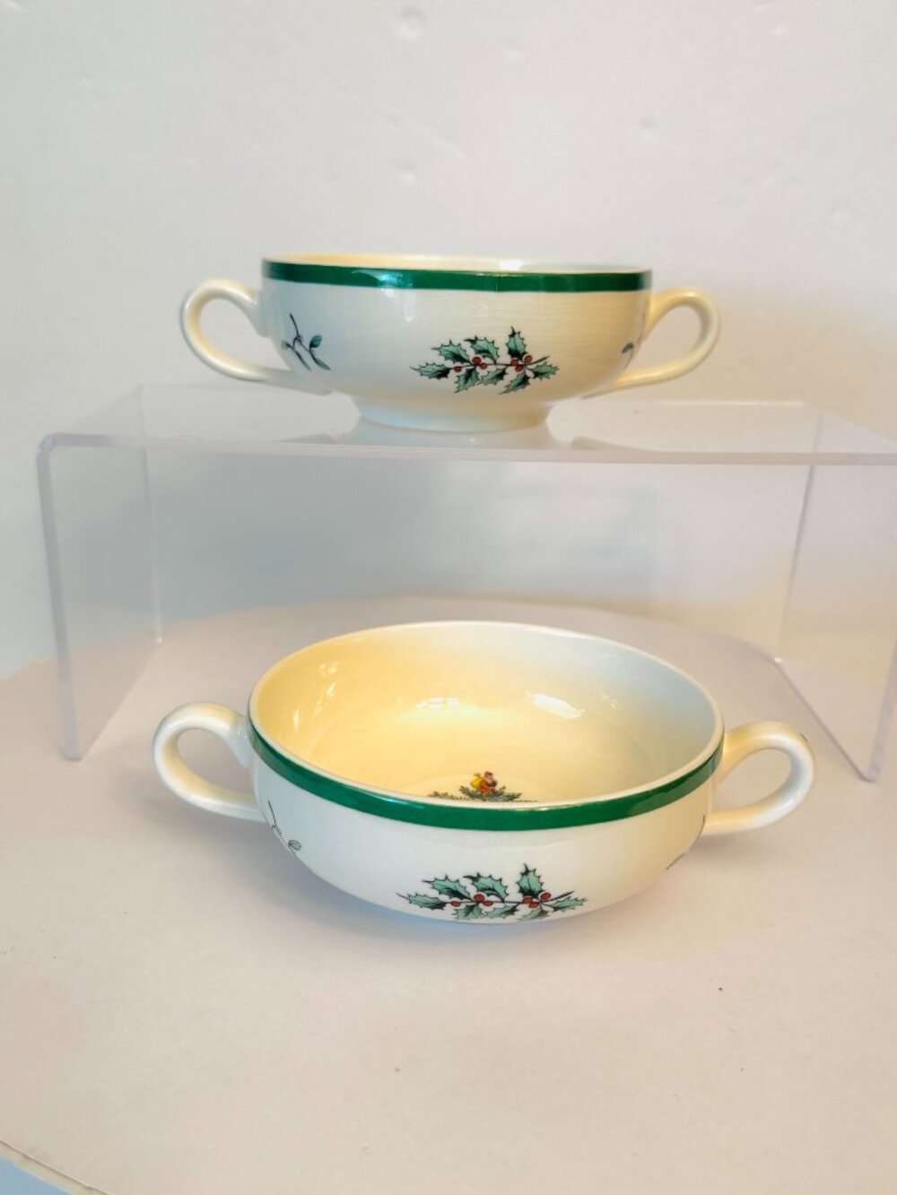 Vtg Set 2 Spode England Christmas Tree 6 oz Cream Soup Bowls 4.5" Handles RARE